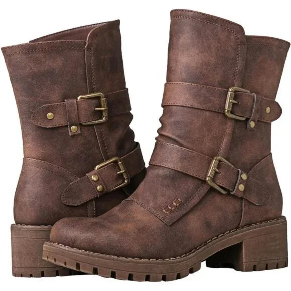 Women's Biker Boots Lace up Mid Calf Motorcycle Fashion Festival